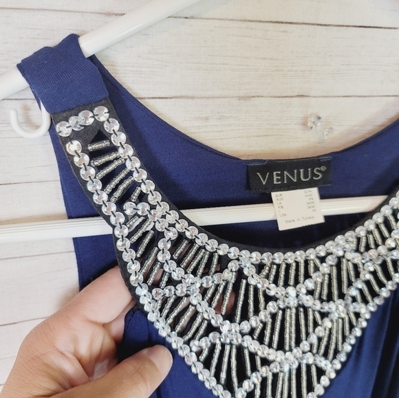 VENUS NAVY BLUE HALTER DRESS W BEADED/SEQUIN NECKLINE, SZ XS - Picture 13 of 13